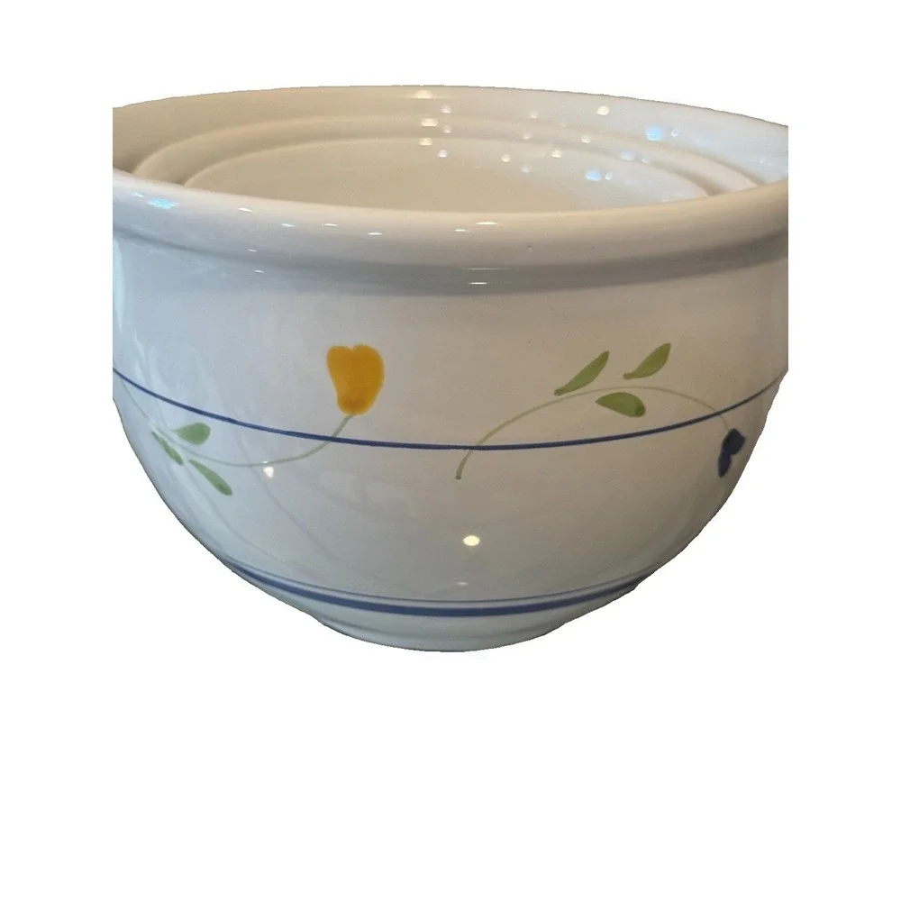 Vintage Italy Nesting Ceramic Mixing Bowl Set 3pc Floral Blue Line Stoneware Pot